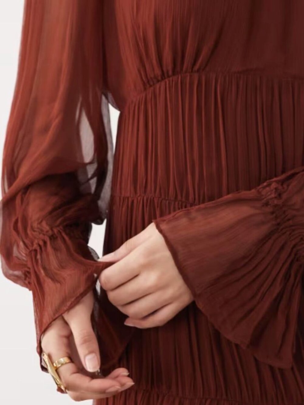 Mango High Neck Boho Tiered Sheer Midaxi Dress | Brown | Size M | NWT - Picture 4 of 4